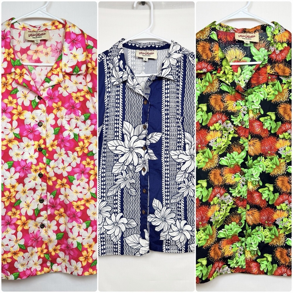 Trader Joes X Hilo Hattie Shirt Men XL White Black Floral Hawaiian Cotton USA
